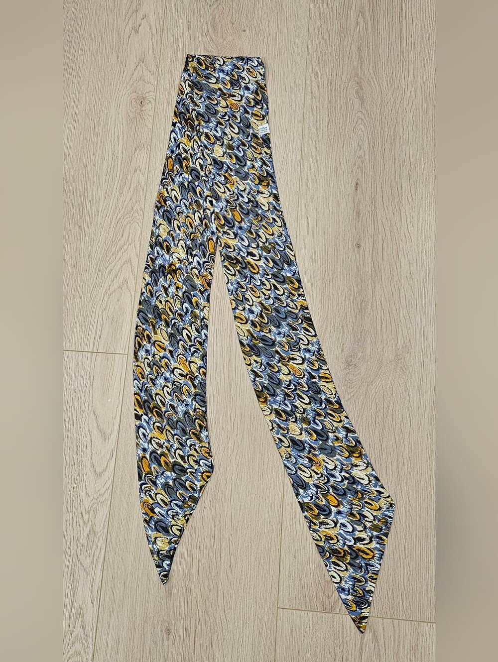 Vintage Vera All Silk Skinny Scarf 64" x 4" Abstract Blue Gold Made in USA
